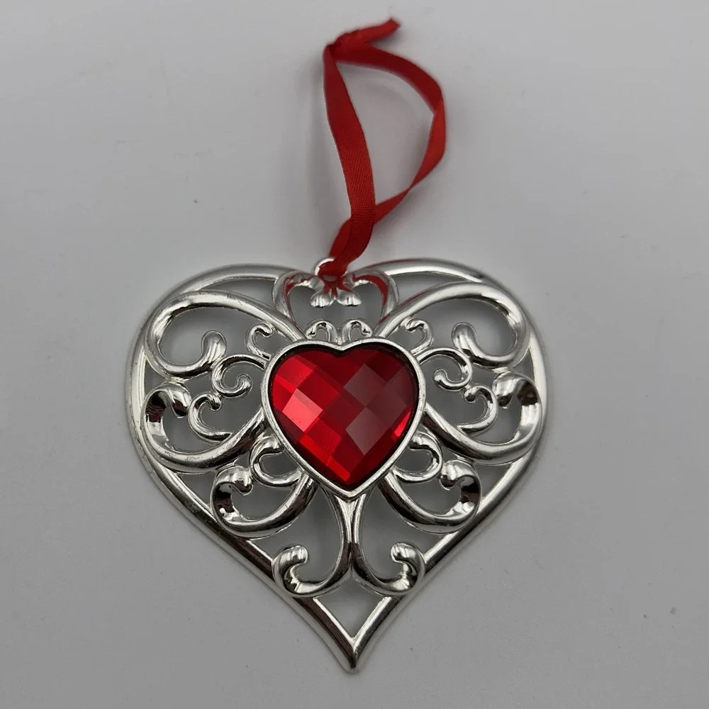 Lot Of 2 Large Lenox Silvertone Cross Heart Ornament Faceted‎ Clear Red Crystal